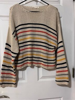 lovestitch Cream Crewneck Sweater with Navy, Red and Mustard Stripes